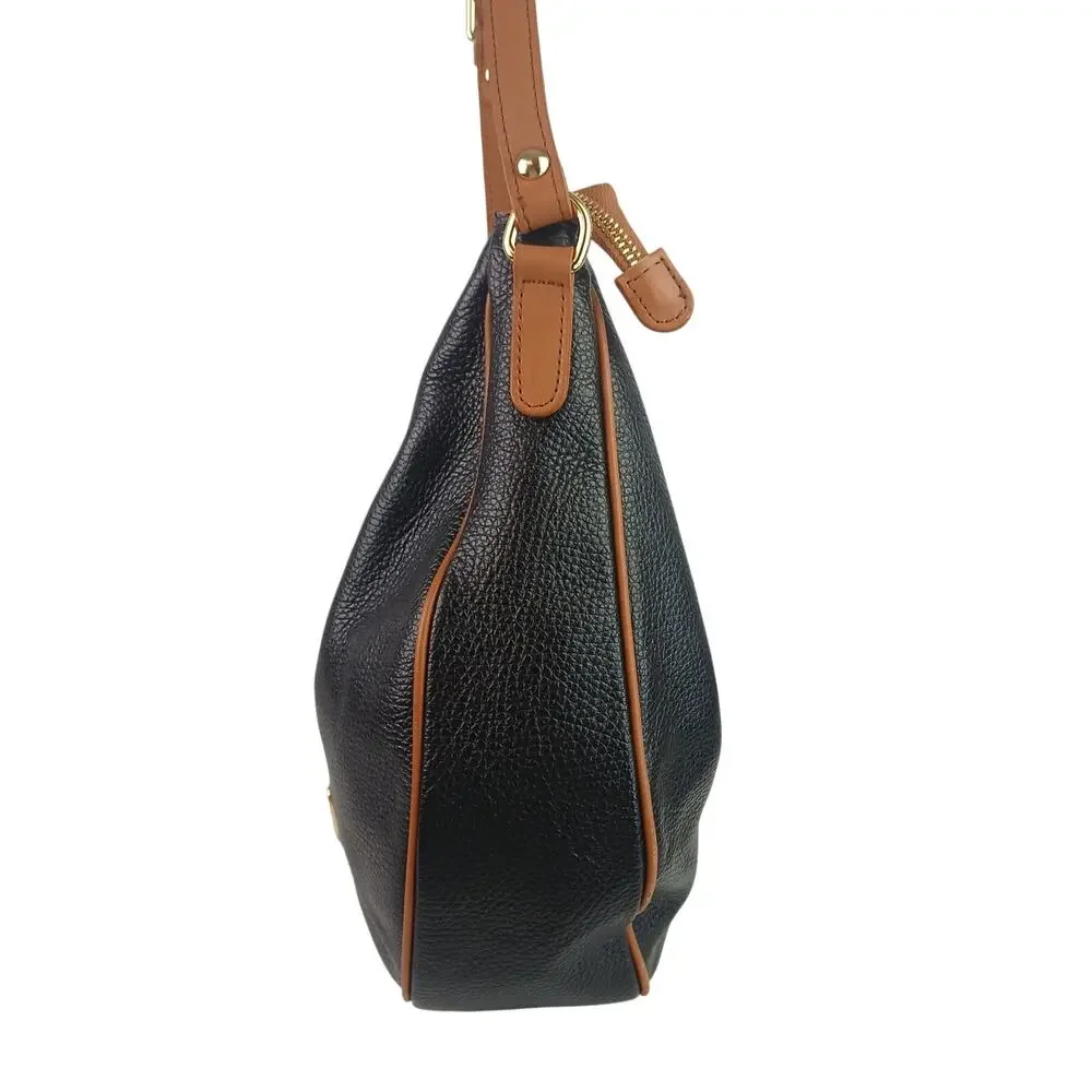 Valentina Hobo Bag Genuine Pebbled Leather Black Brown Trim Original Tags